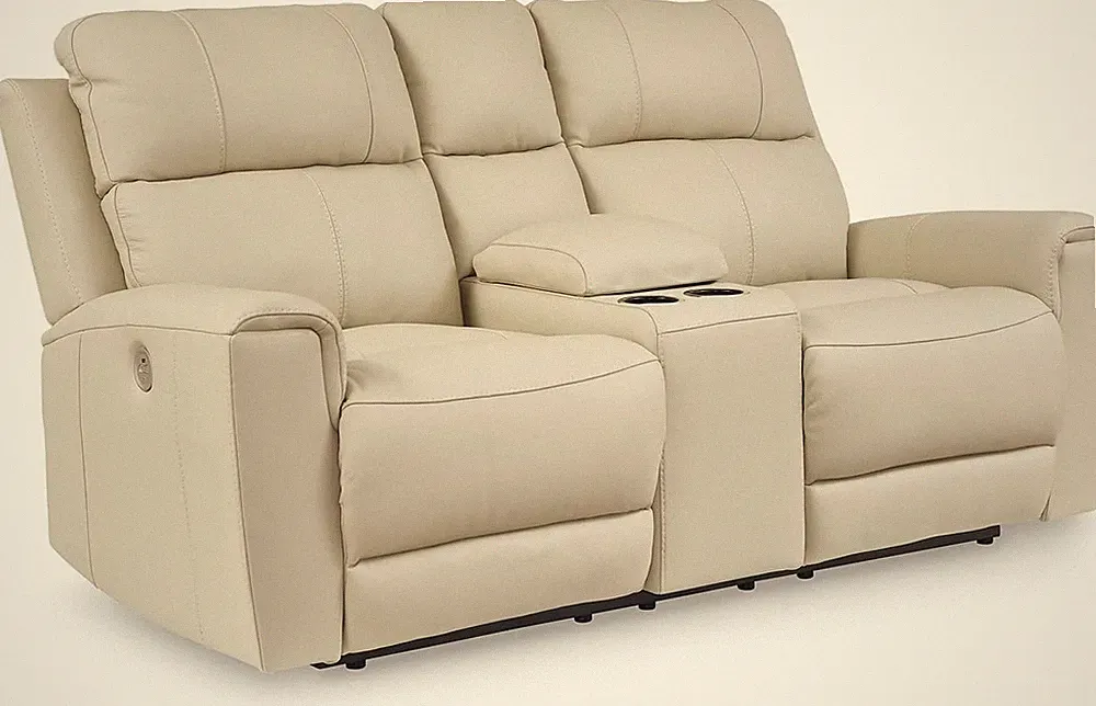 Beige Power Reclining Loveseat with Console & USB Ports by Ashley Signature Desi