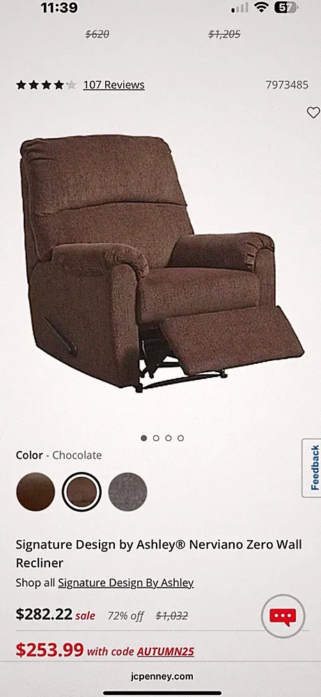 Signature Design by Ashley Nerviano Zero Wall Recliner in Chocolate